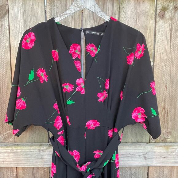 Zara Floral Jumpsuit Tie Waist Short Sleeve Slit Cropped Wide Leg Black Large - Picture 4 of 10
